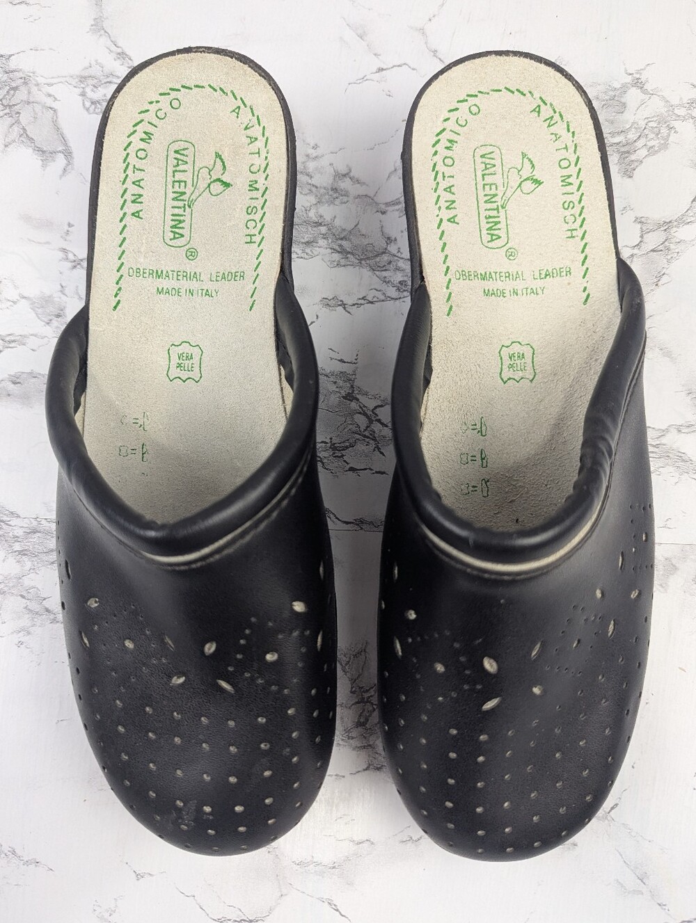 Valentina Black Leather Perforated Comfort Clogs Mules Size 41/10 Made In Italy